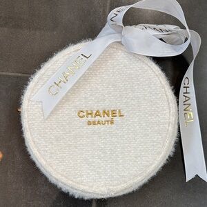 Chanel White and Gold Round holiday makeup bag bow NOT included